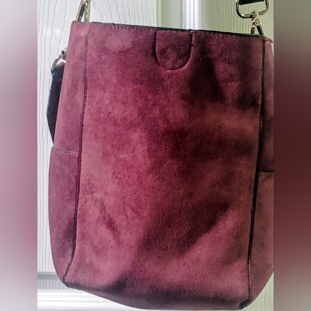 Purple Suede Shoulder Bag with Pom-Pom Strap - Picture 2 of 9